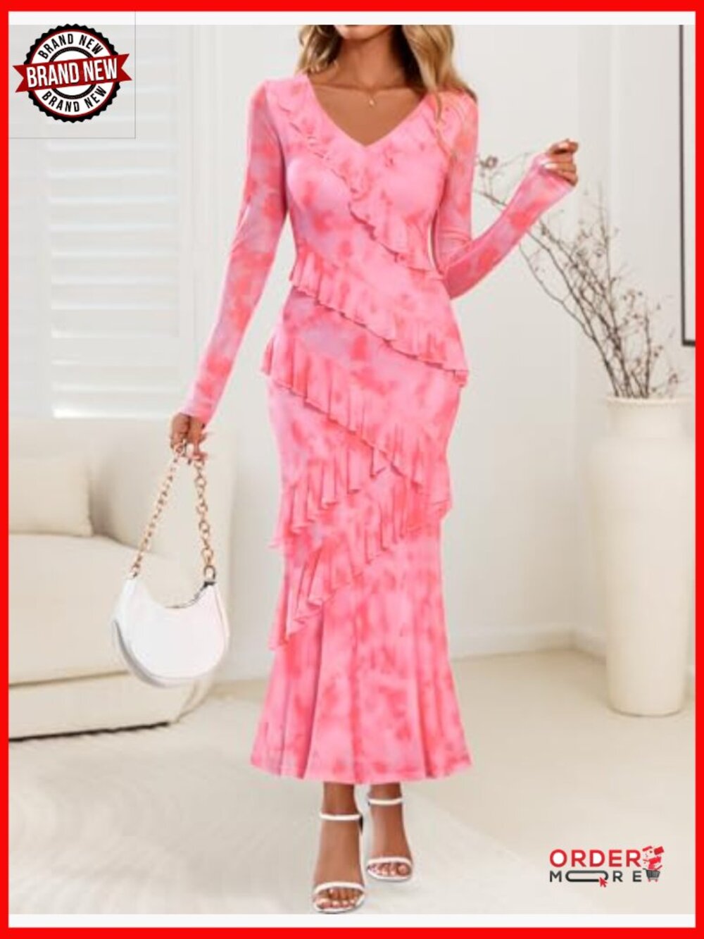 Floral Long Sleeve Maxi Dress Bodycon V-Neck Ruffle Wedding Party - Picture 5 of 7